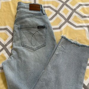 Calvin Klein mom jeans, size 27, high rise, frayed hem.